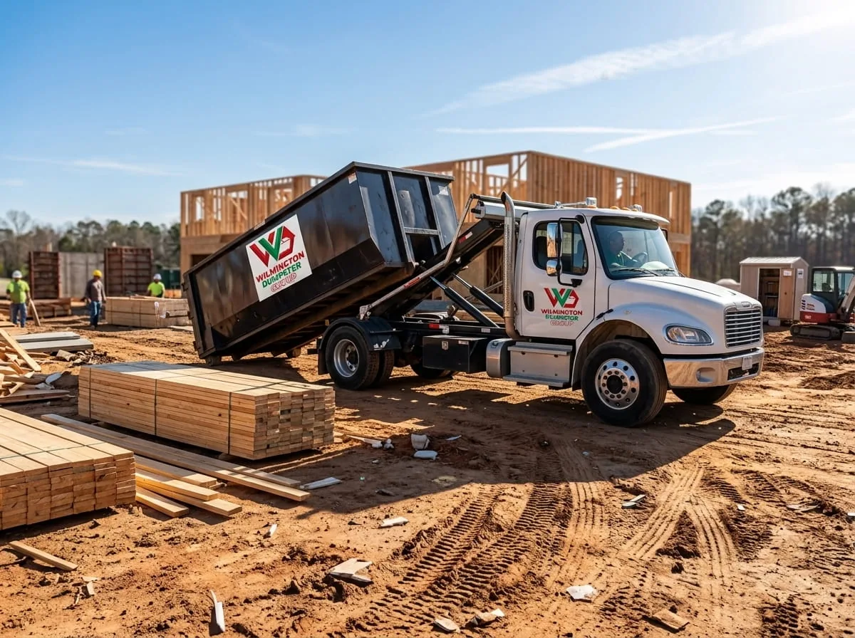 Wilmington Dumpster Group crew beside a branded roll-off truck